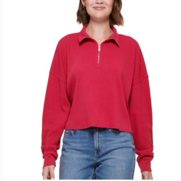 CALVIN KLEIN JEANS Women's Waffle-Knit Half-Zip Top - Picture 1 of 5